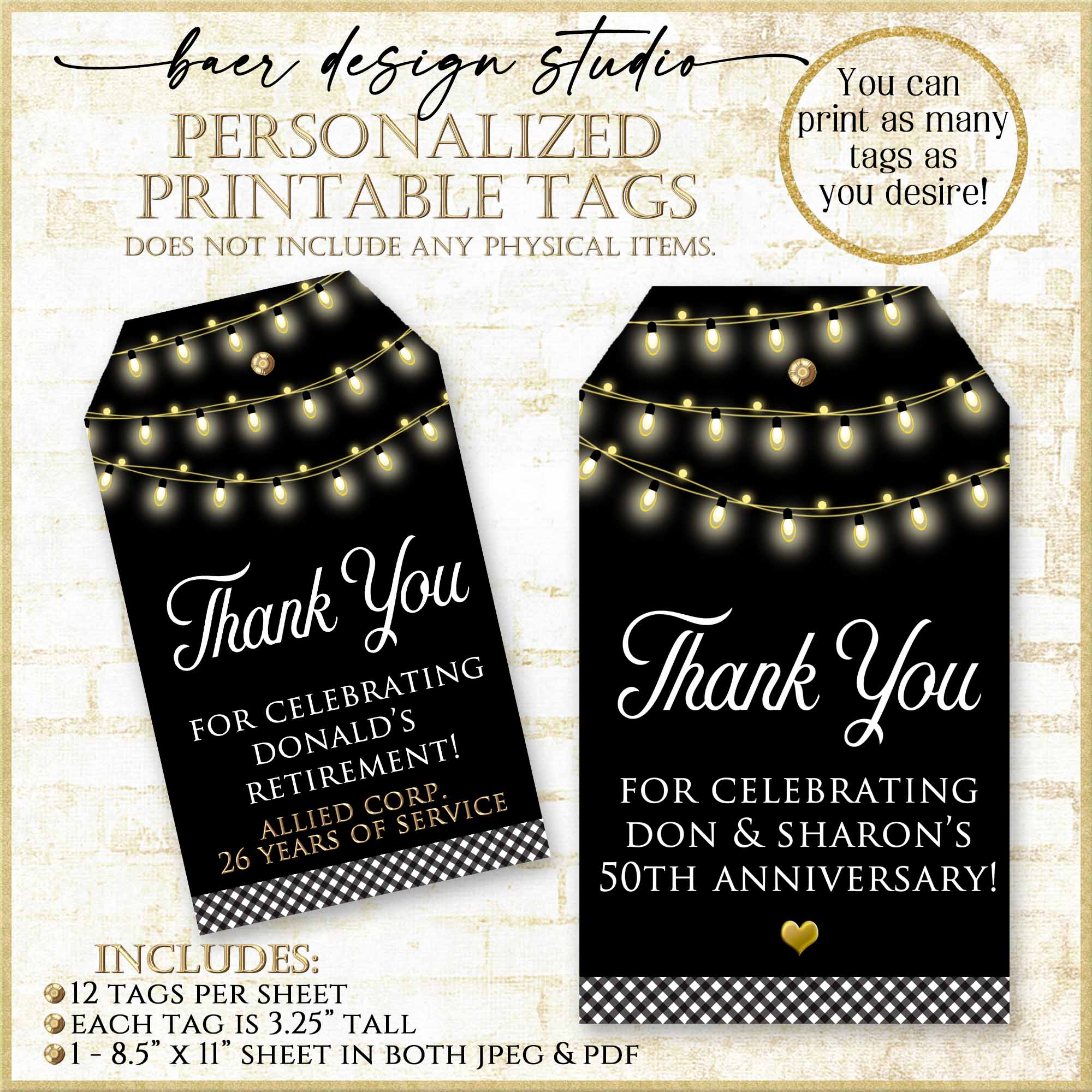 String Of Lights Thank You Printable Tags, Easy Personalized Black